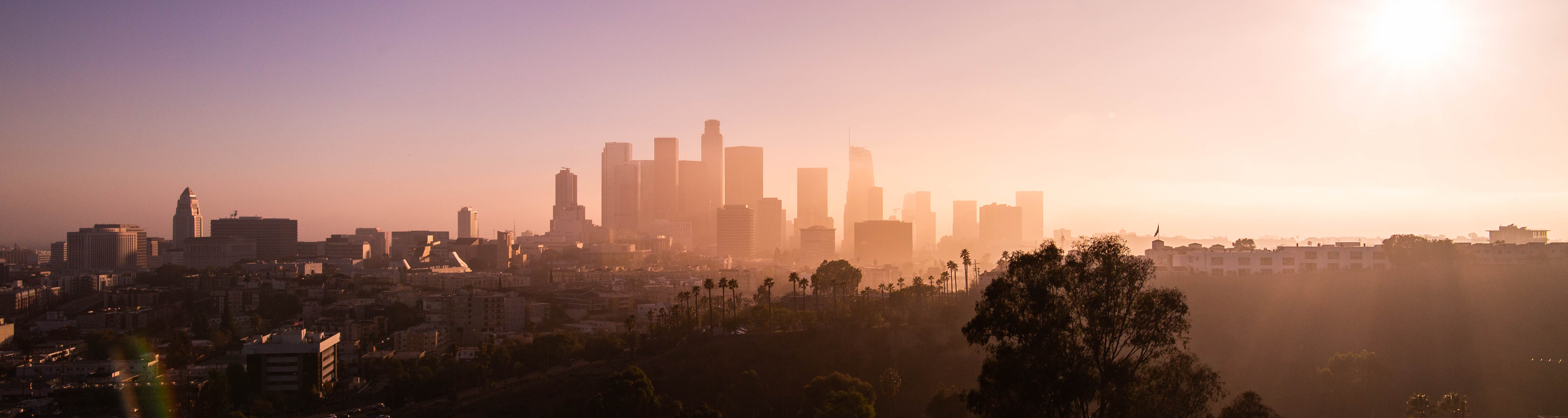 View of the Los Angeles city skyline in CA.