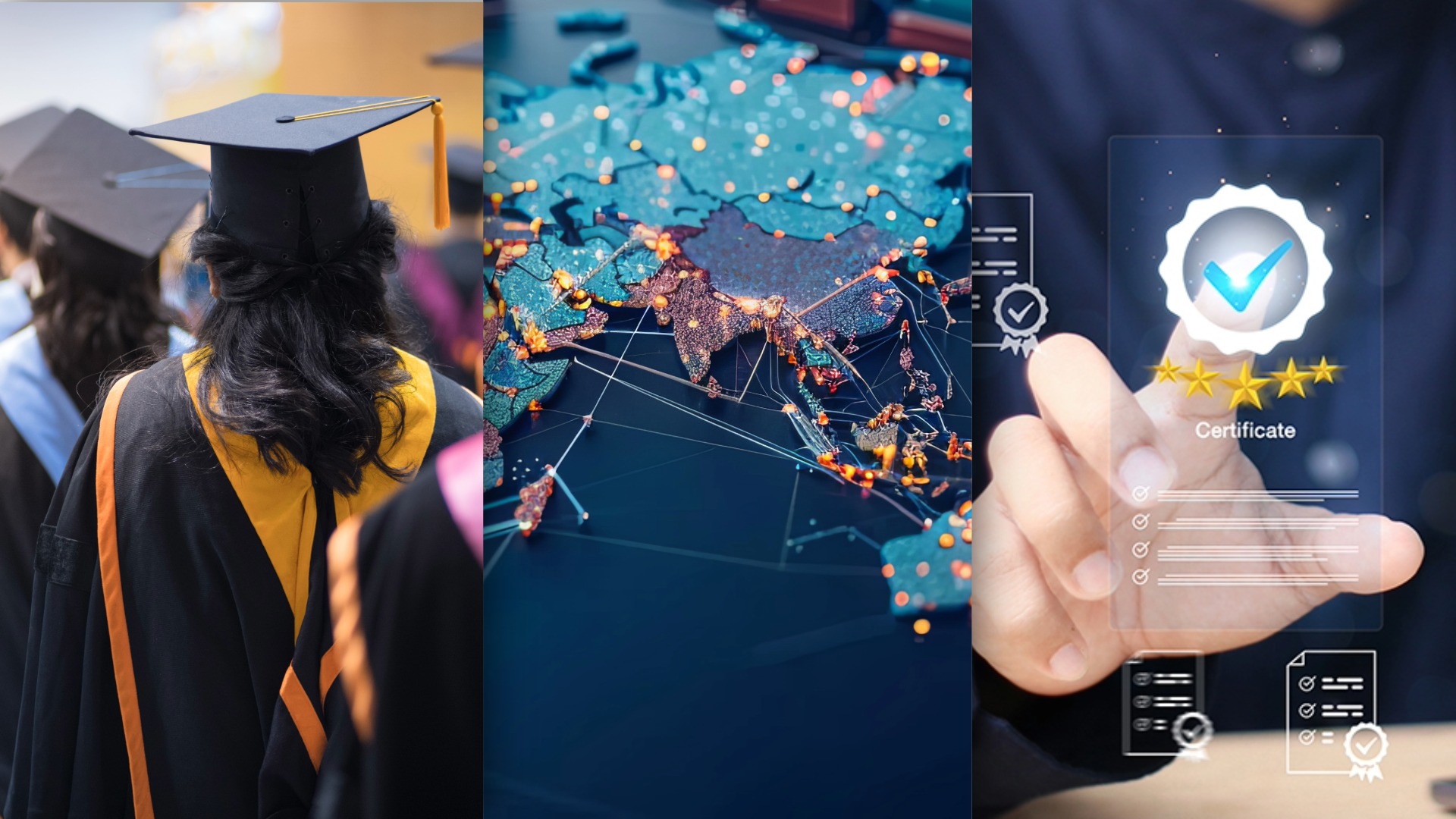 Graduates in gowns, a digital map of Asia with nodes, and a hand interacting with a digital certificate interface.