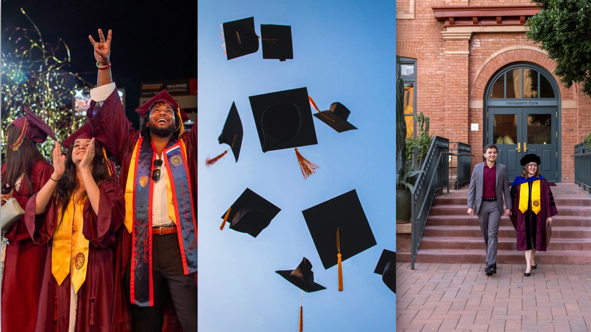 Three graduation-themed photos: students celebrating in caps and gowns, graduation caps tossed into the sky, and two people walking outside a university building in formal attire and academic regalia.