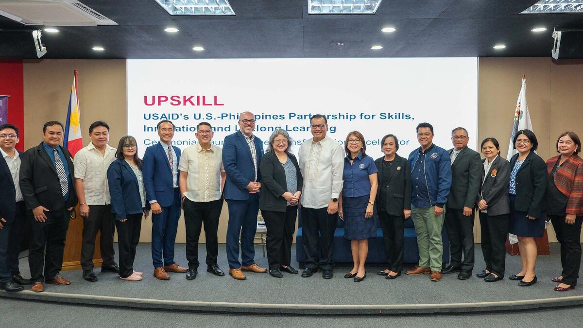 Leaders from the 12 universities and Filipino government officials gather for the Accelerator launch.
